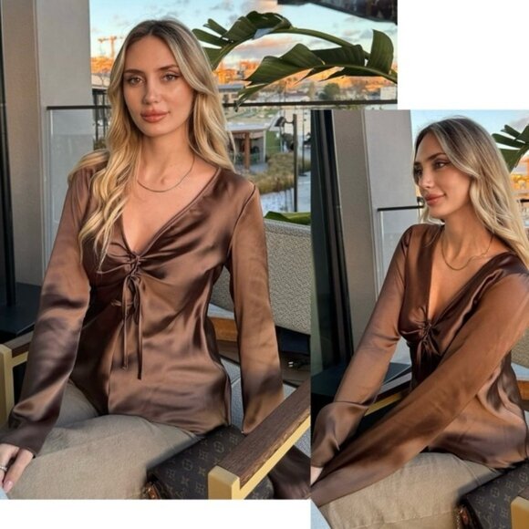 ZARA WOMAN CHOCOLATE BROWN SATIN BLOUSE SHIRT PEEP HOLE TIE BOW FLARE SLEEVE L - Picture 3 of 16